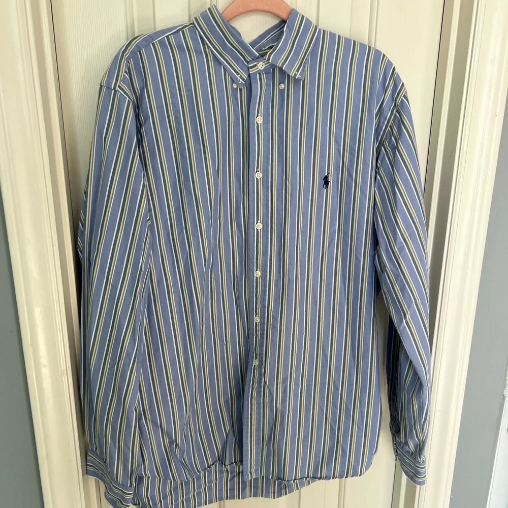 Ralph Lauren, Button down long sleeve Shirt, 18 36/37, Blue white Yellow Stripes - Picture 1 of 6
